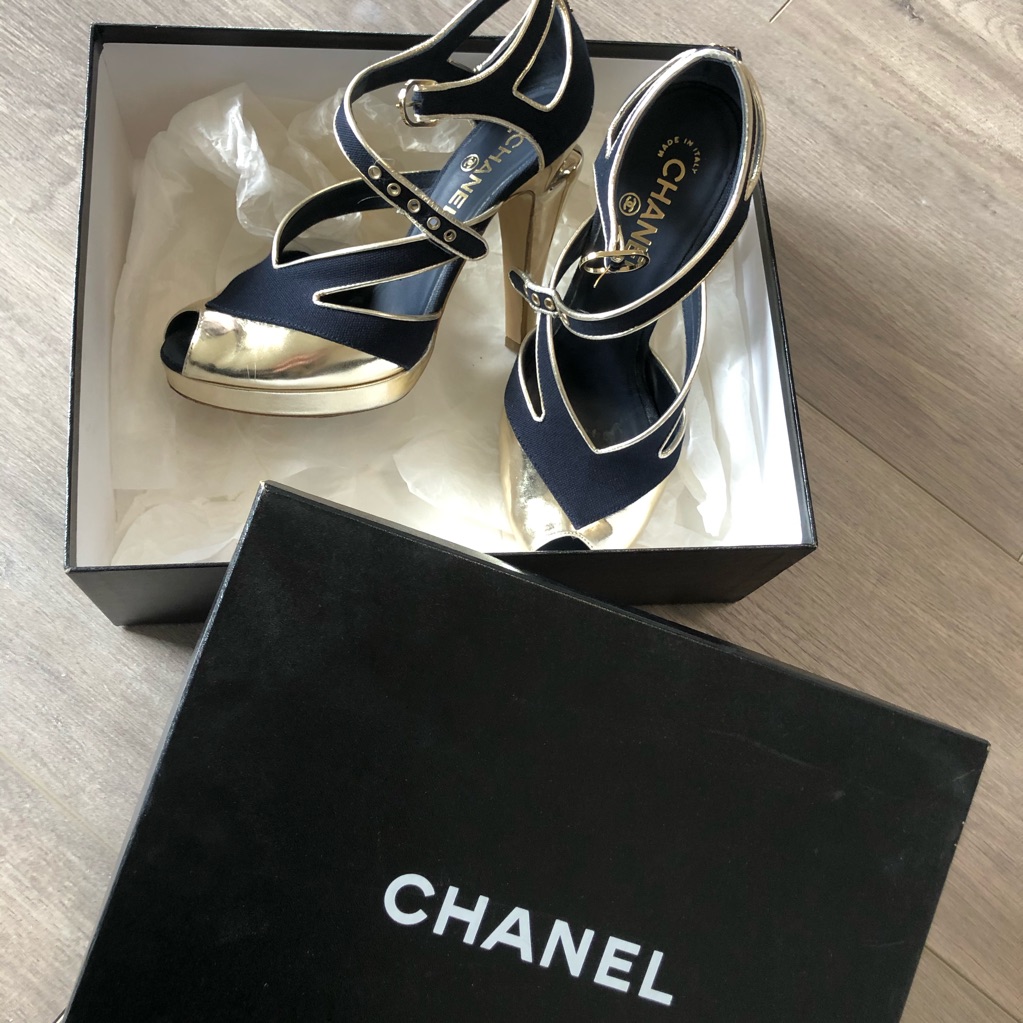 Chanel Navy Canvas Peep Toe